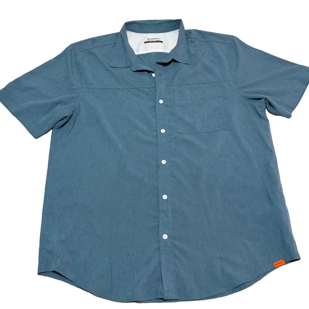 Merrell Men's Short Sleeve Button Up Shirt Blue Teal Hiking Outdoor Large XL